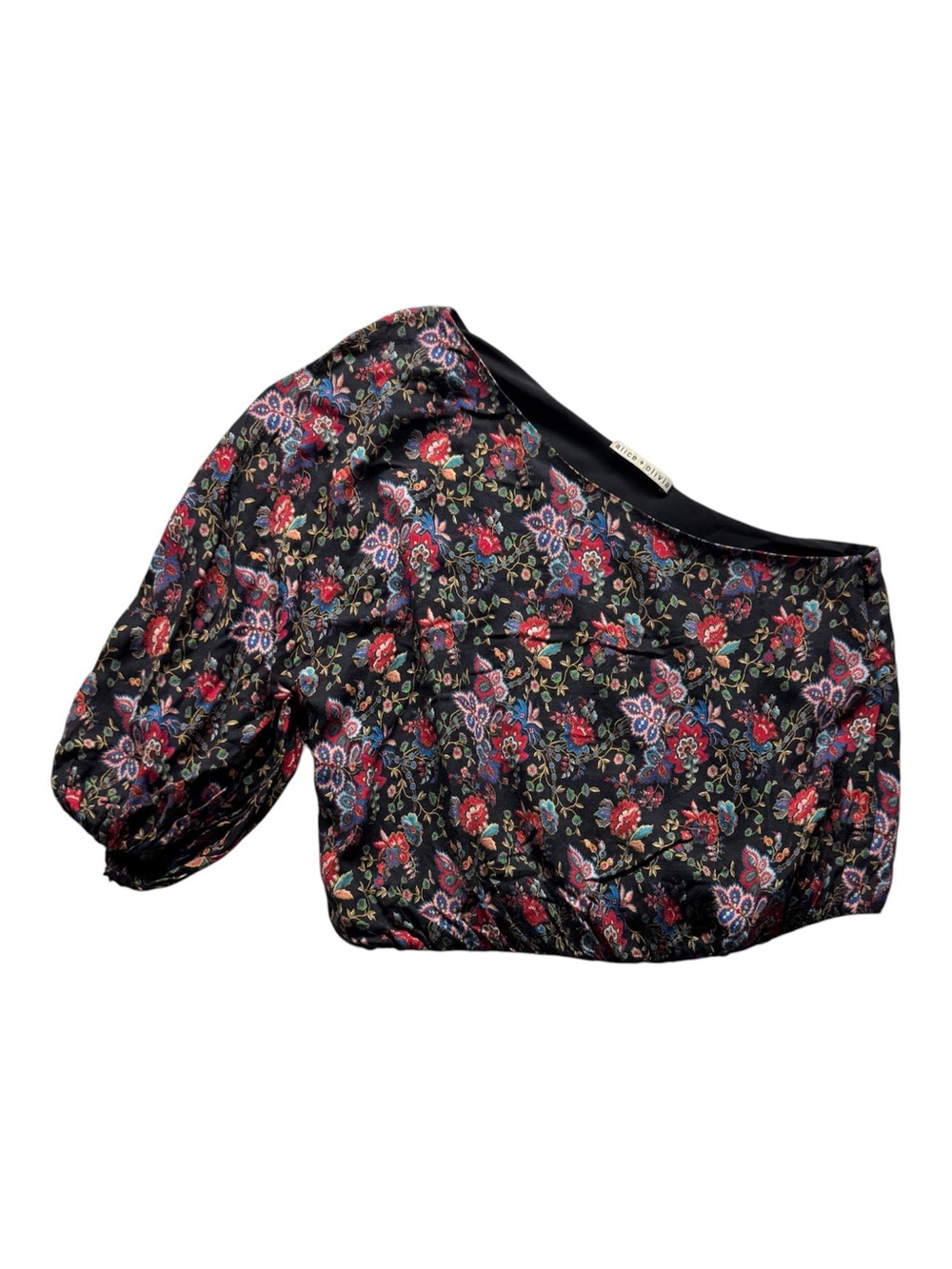 Alice + Olivia Floral One Shoulder Puff Sleeve Crop Top Black Small Approx